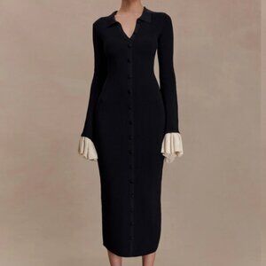 Amirose Ruffle Knit Midi Dress - Black